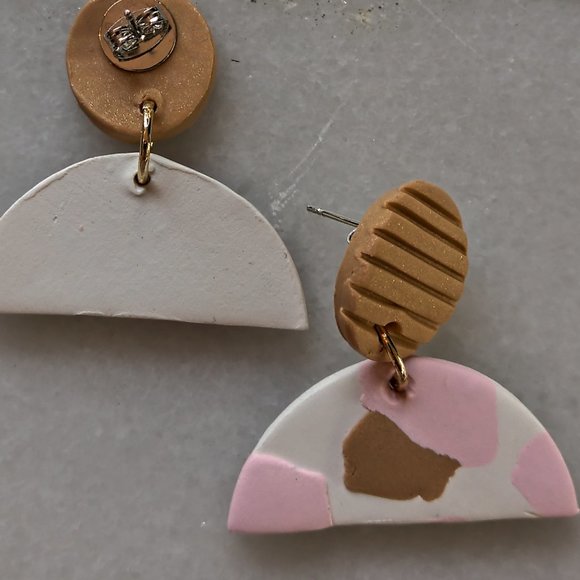 Pink and Gold Half Circle Dangle Earrings - Picture 3 of 8